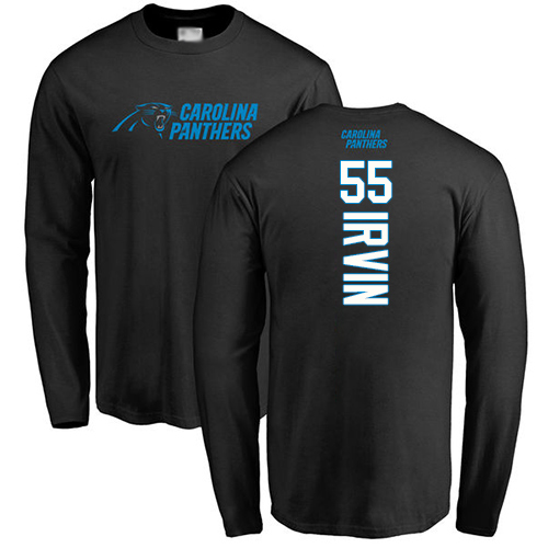 Carolina Panthers Men Black Bruce Irvin Backer NFL Football #55 Long Sleeve T Shirt